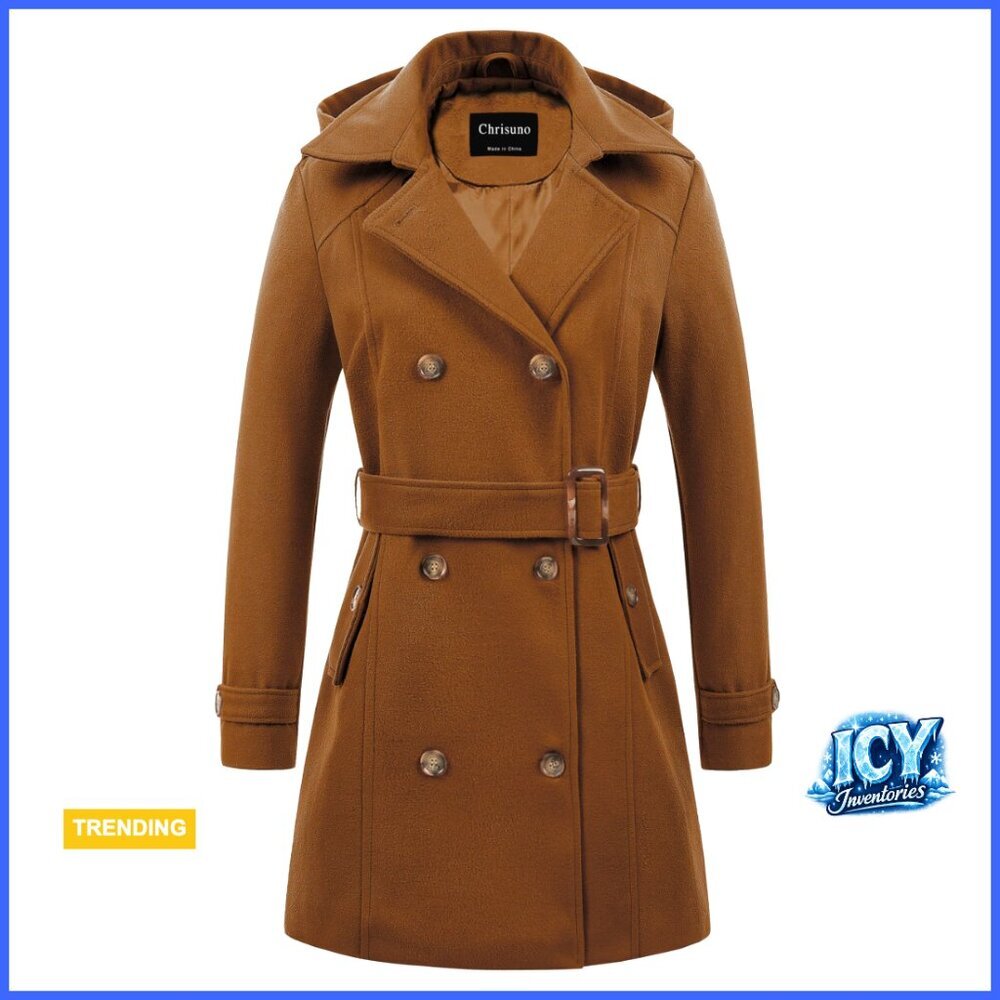Long Wool Pea Coat with Hood, Double Breasted Trench for Winter